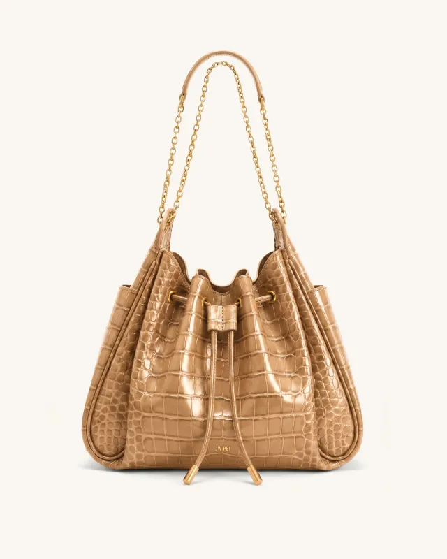 Rowan Ruched Drawstring Chain Bucket Bag - Light Brown Croc made by JW PEI