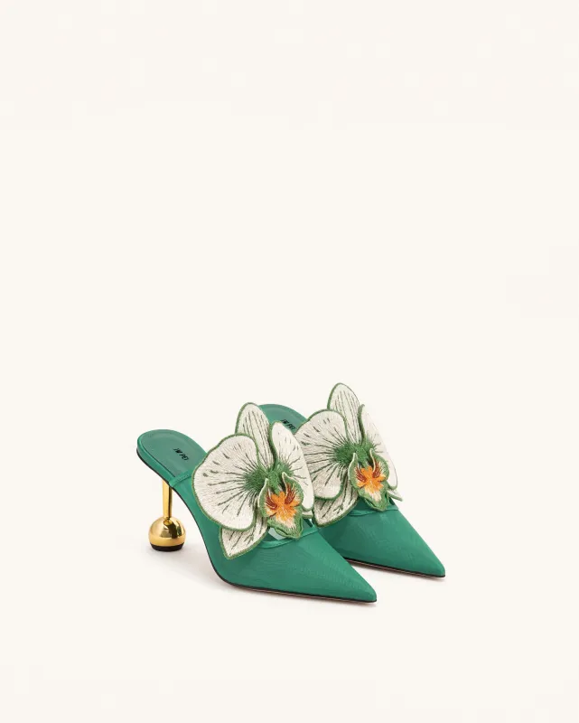 Sofia Orchid Sphere Heel Mules - Emerald Green made by JW PEI