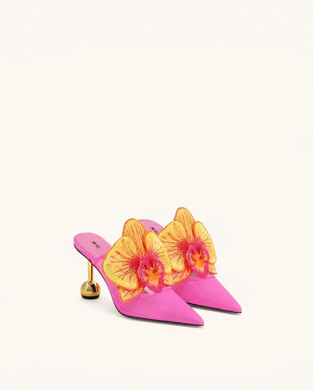 Sofia Orchid Sphere Heel Mules - Fuchsia Orange made by JW PEI
