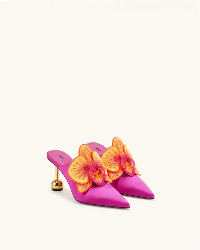 Sofia Orchid Sphere Heel Satin Mules - Rose Red made by JW PEI