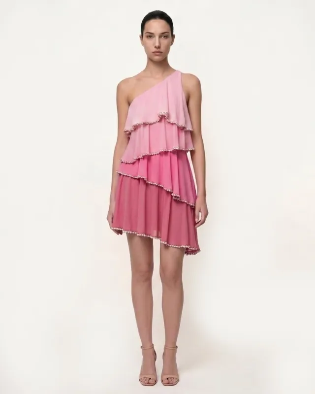 Ombre Ruffle One Shoulder Mini Dress - Pink made by JW PEI