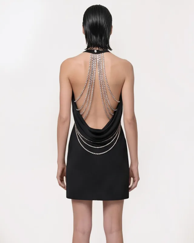 Crystal Chain Backless Halter Mini Dress - Black made by JW PEI