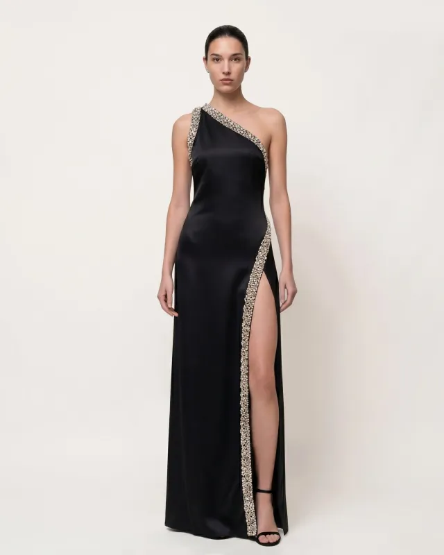 Crystal Trim One Shoulder Slit Maxi Dress - Black made by JW PEI