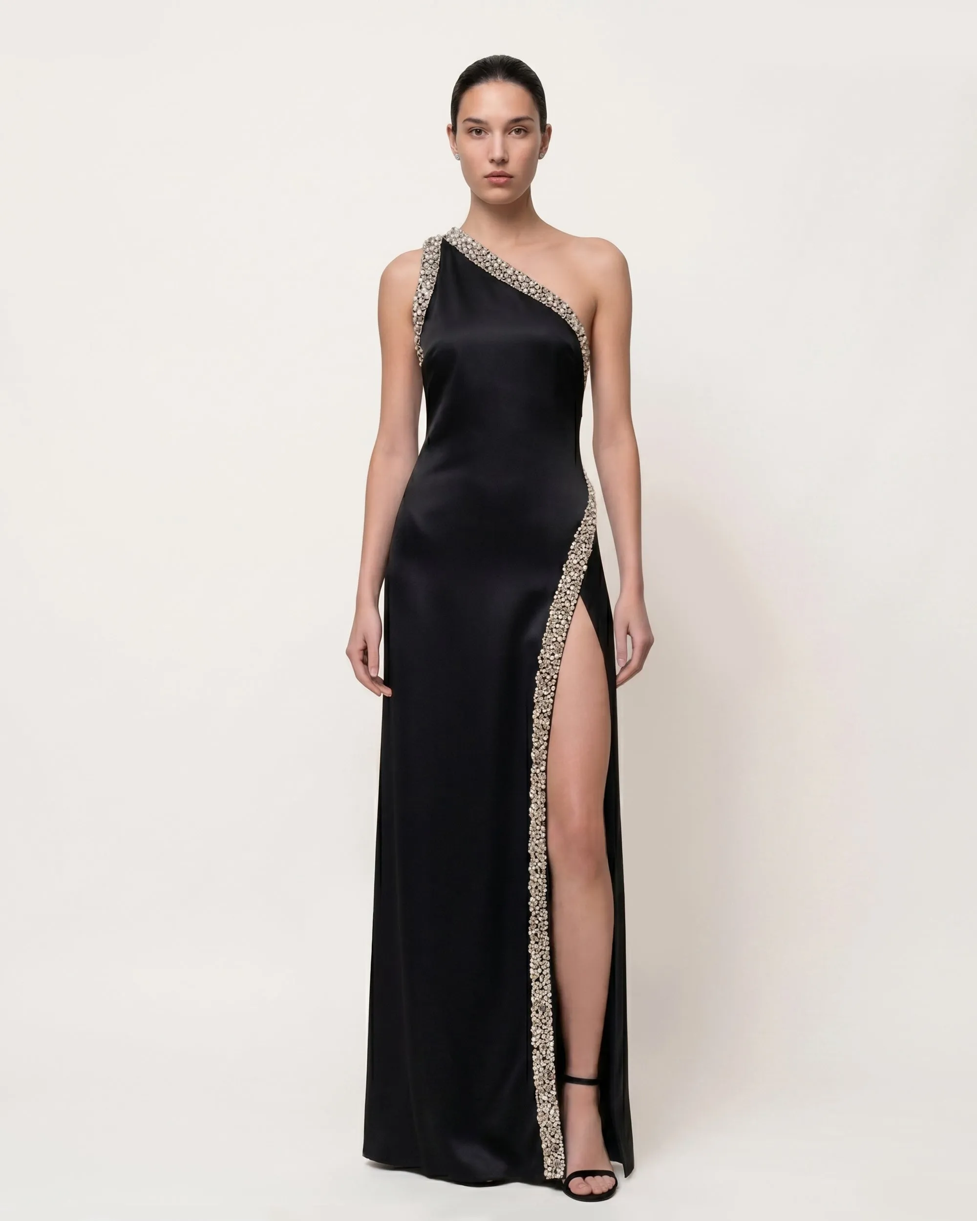 Crystal Trim One Shoulder Slit Maxi Dress - Black sold by JW PEI