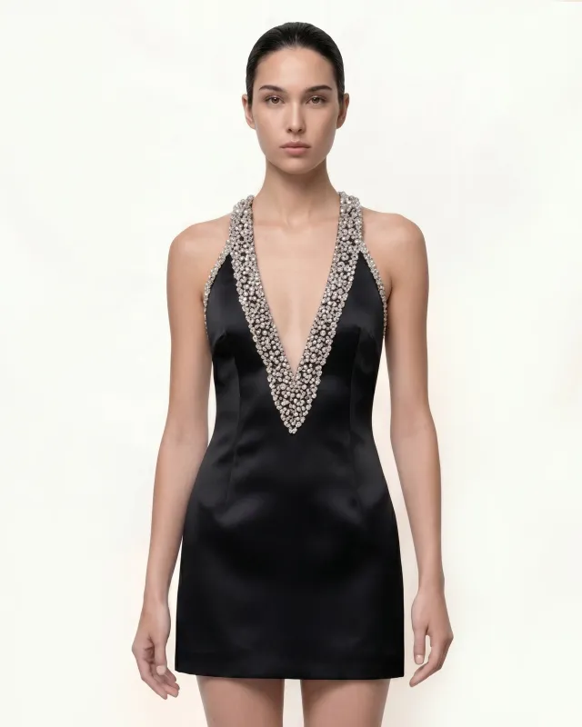 Plunge Beaded Halter Mini Dress - Black made by JW PEI