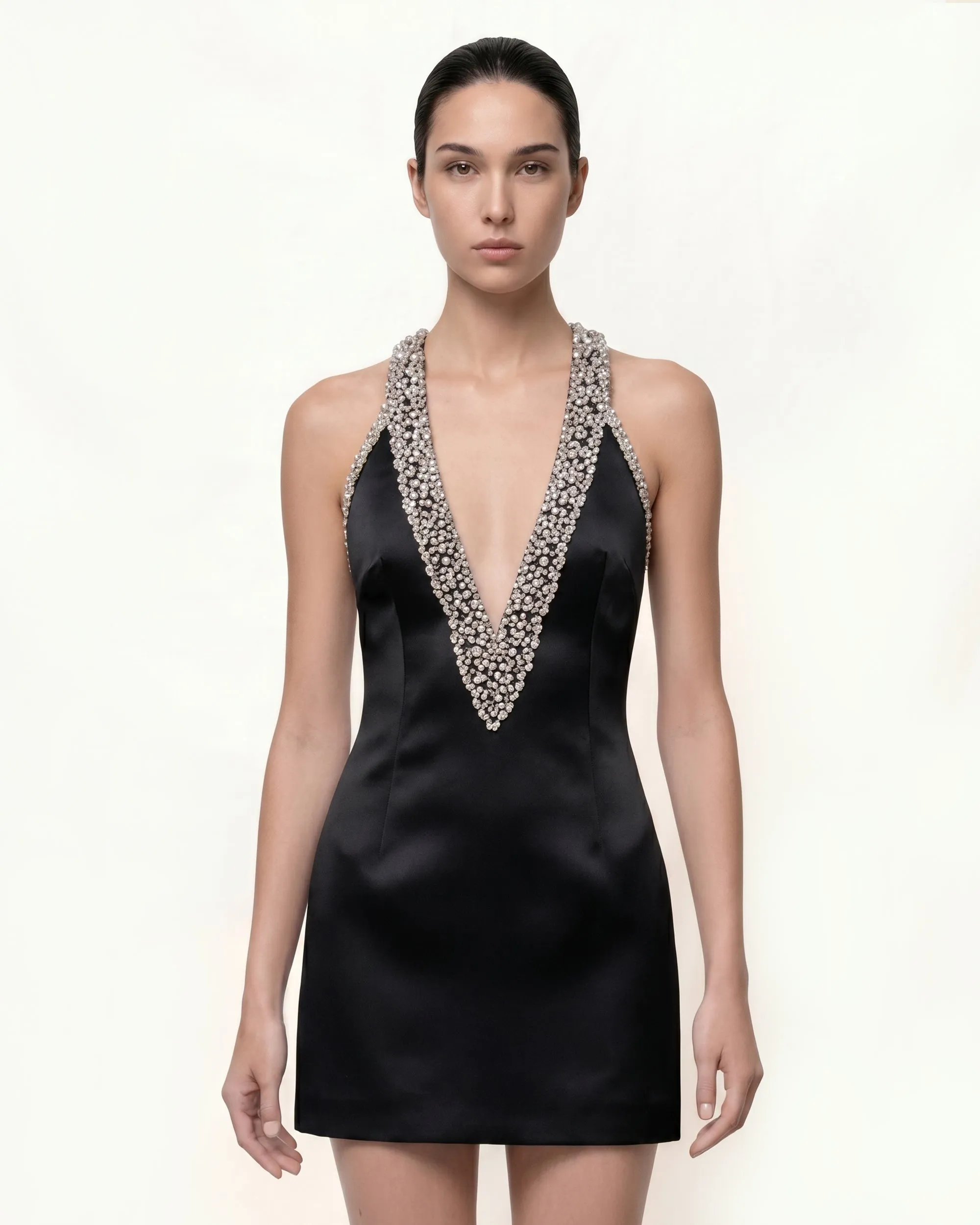 Plunge Beaded Halter Mini Dress - Black sold by JW PEI