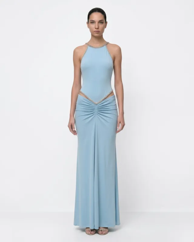 Crystal Trim Cutout Halter Ruched Maxi Dress - Blue made by JW PEI