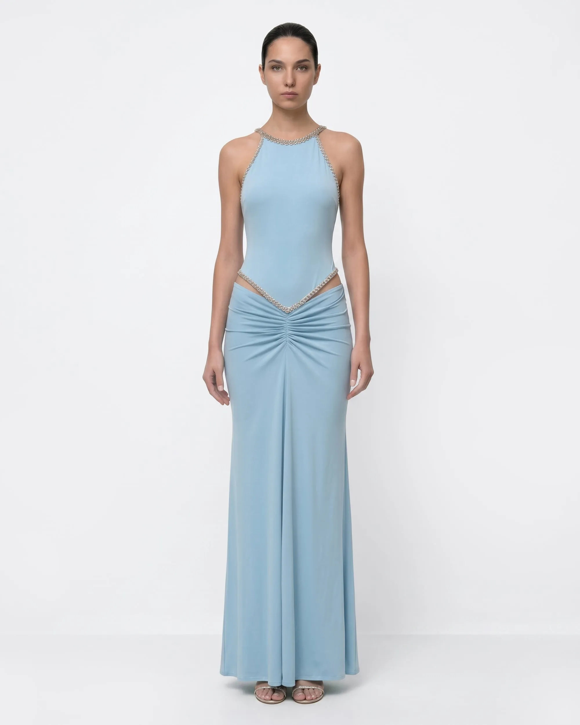 Crystal Trim Cutout Halter Ruched Maxi Dress - Blue sold by JW PEI
