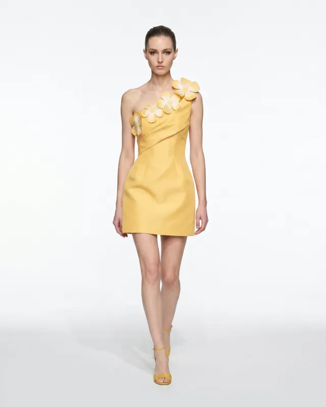 Floral Appliqué One Shoulder Mini Dress - Yellow made by JW PEI