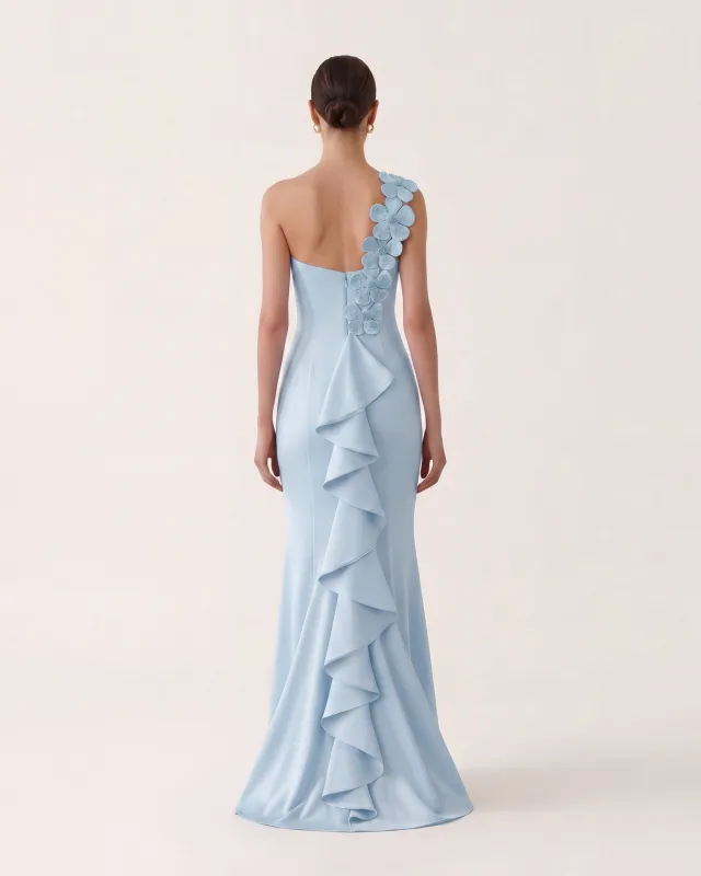 Floral Appliqué One Shoulder Ruffle Maxi Dress - Light Blue made by JW PEI