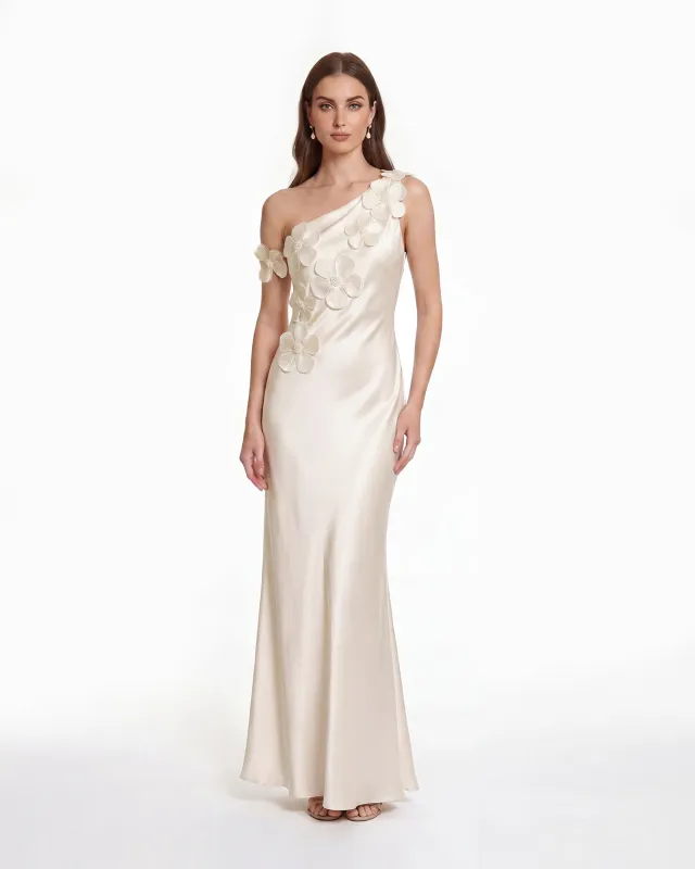 Floral Appliqué One Shoulder Sheath Maxi Dress - Ivory made by JW PEI