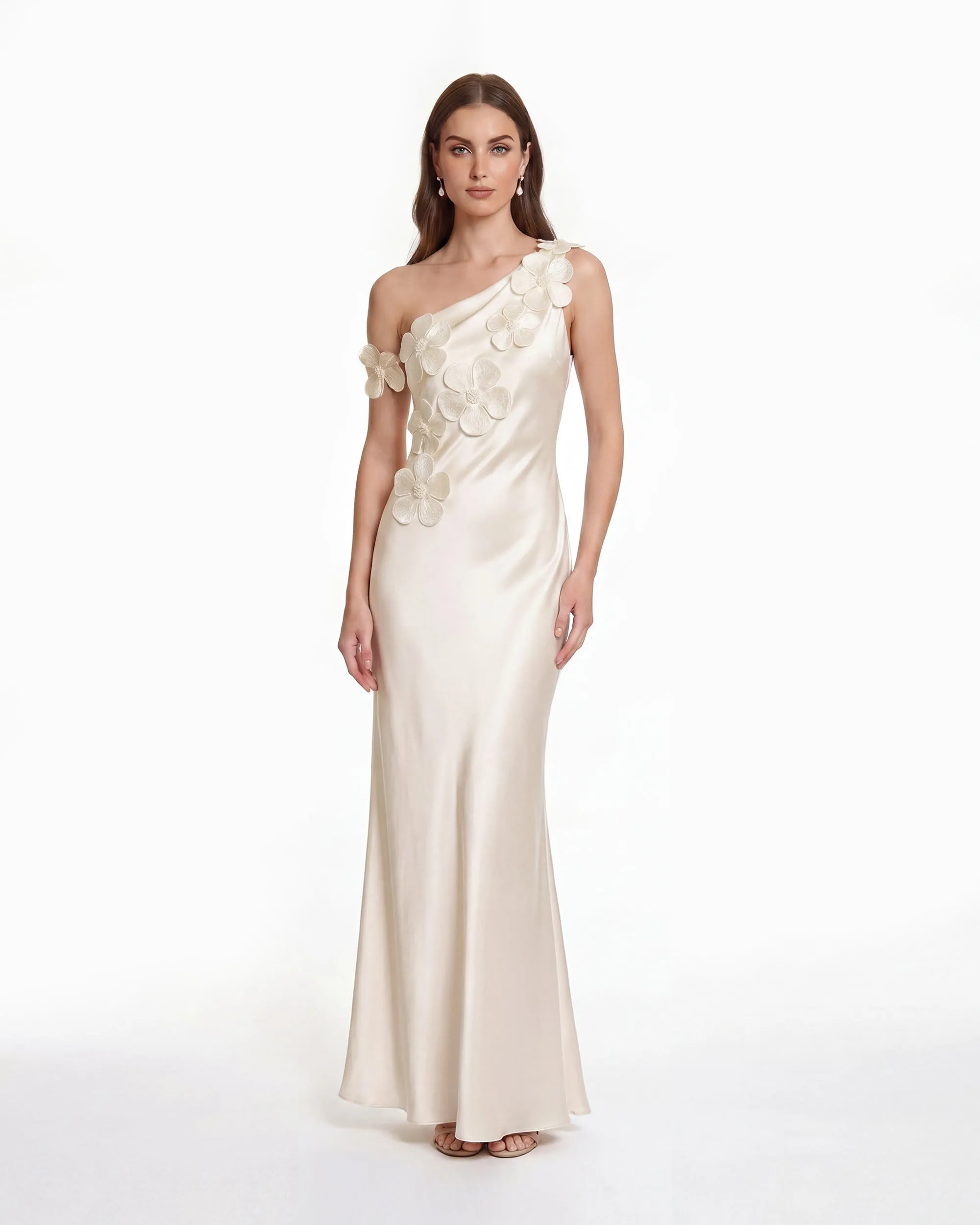 Floral Appliqué One Shoulder Sheath Maxi Dress - Ivory sold by JW PEI