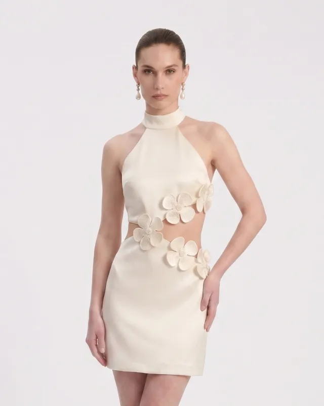 Floral Appliqué Halter Cutout Mini Dress - Ivory made by JW PEI