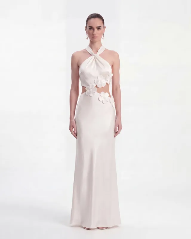 Floral Appliqué Halter Cutout Maxi Dress - White made by JW PEI