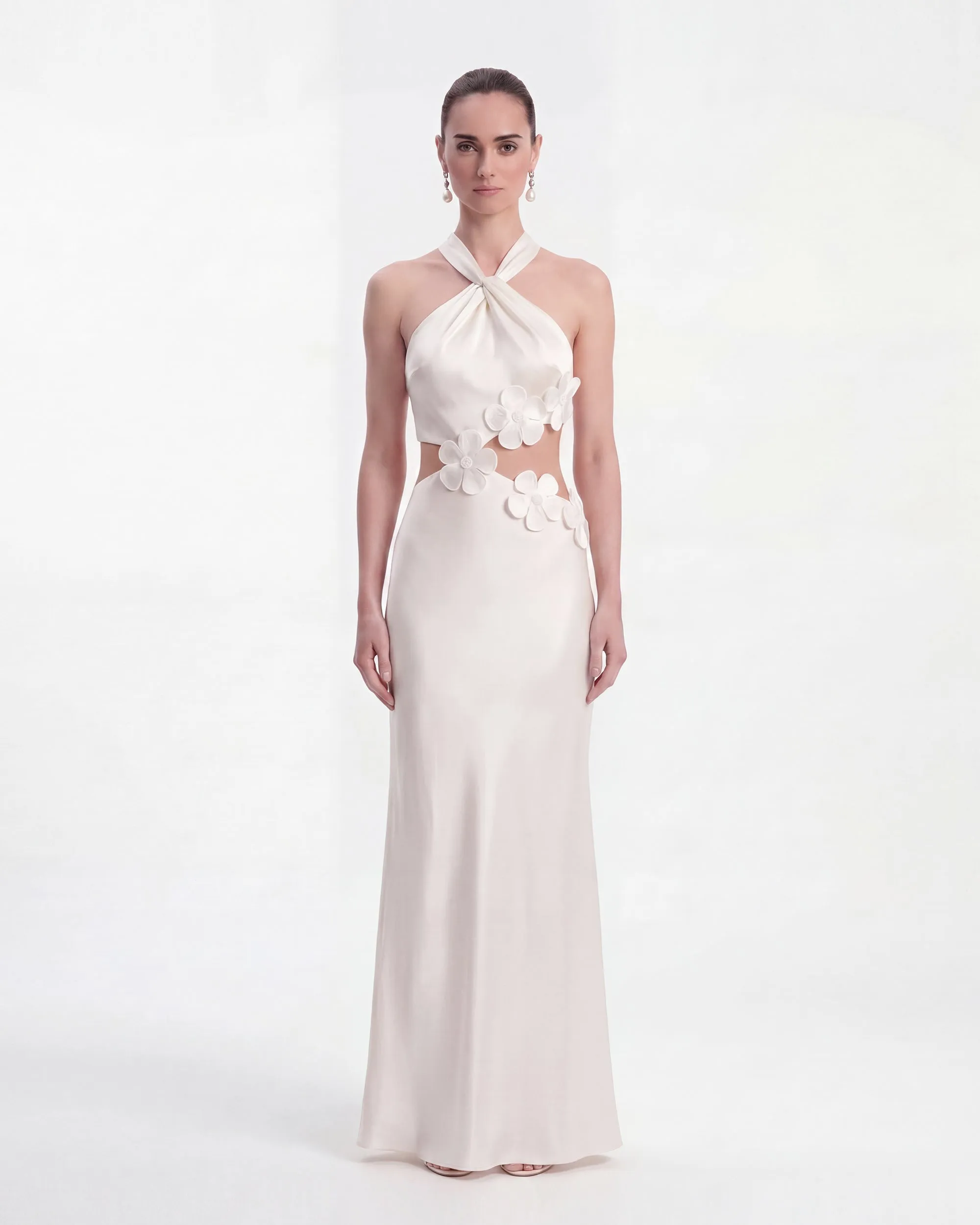 Floral Appliqué Halter Cutout Maxi Dress - White sold by JW PEI