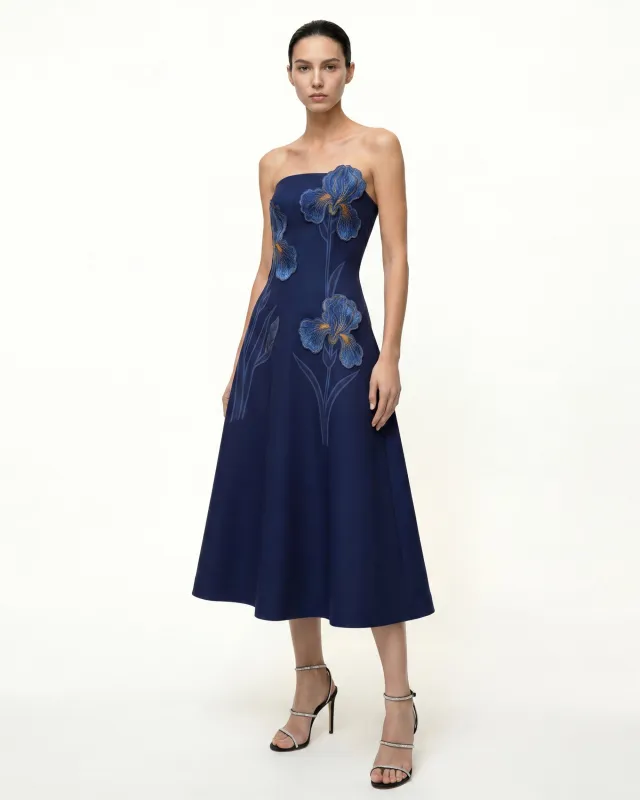 Iris Embroidered Structured Strapless Midi Dress - Navy Blue made by JW PEI