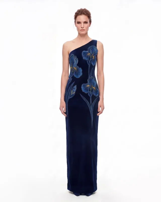 Iris Embroidered Velvet One Shoulder Maxi Dress - Navy Blue made by JW PEI