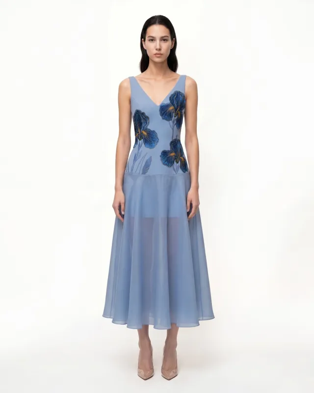 Iris Embroidered Sheer A-Line Midi Dress - Dusty Blue made by JW PEI