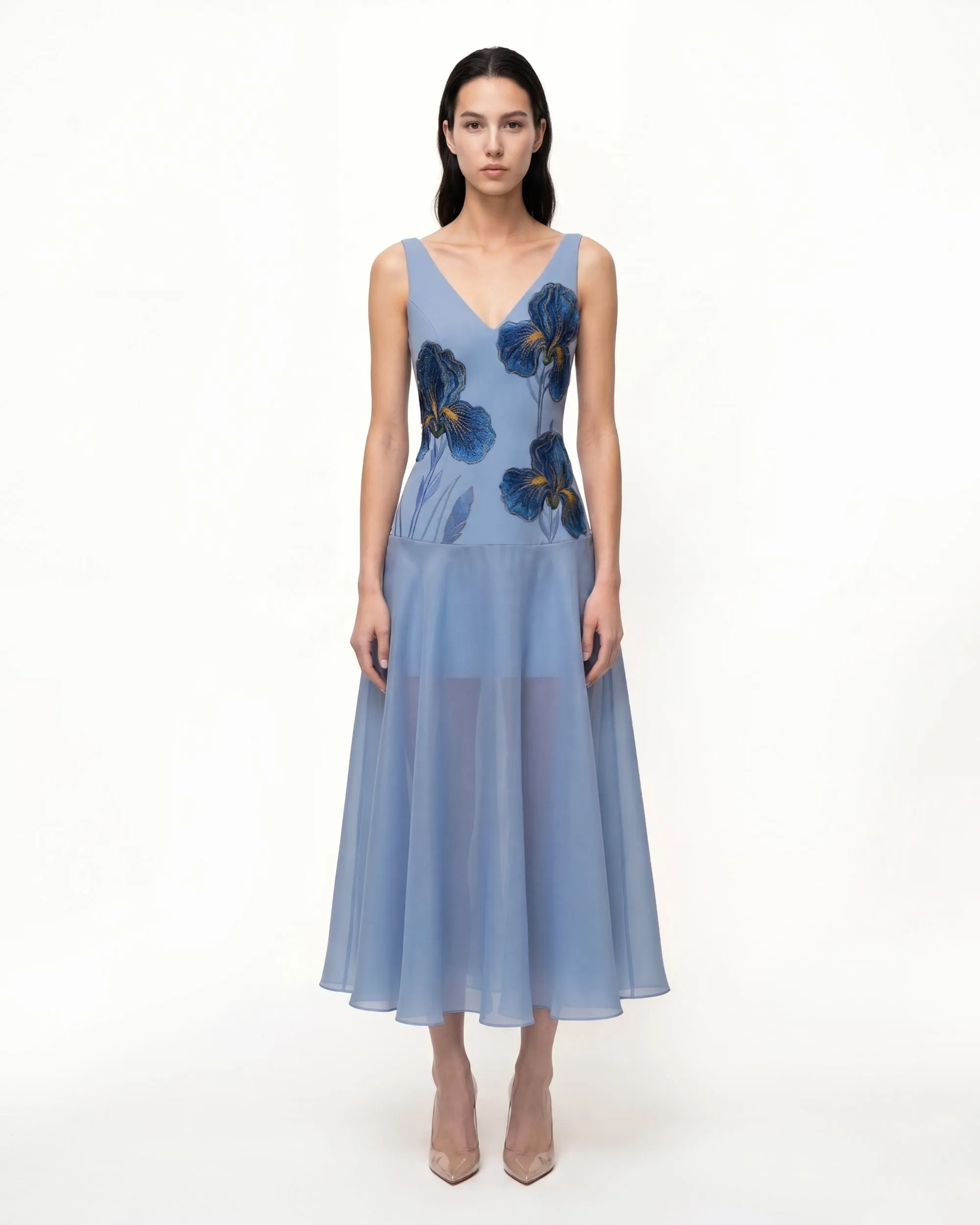 Iris Embroidered Sheer A-Line Midi Dress - Dusty Blue sold by JW PEI