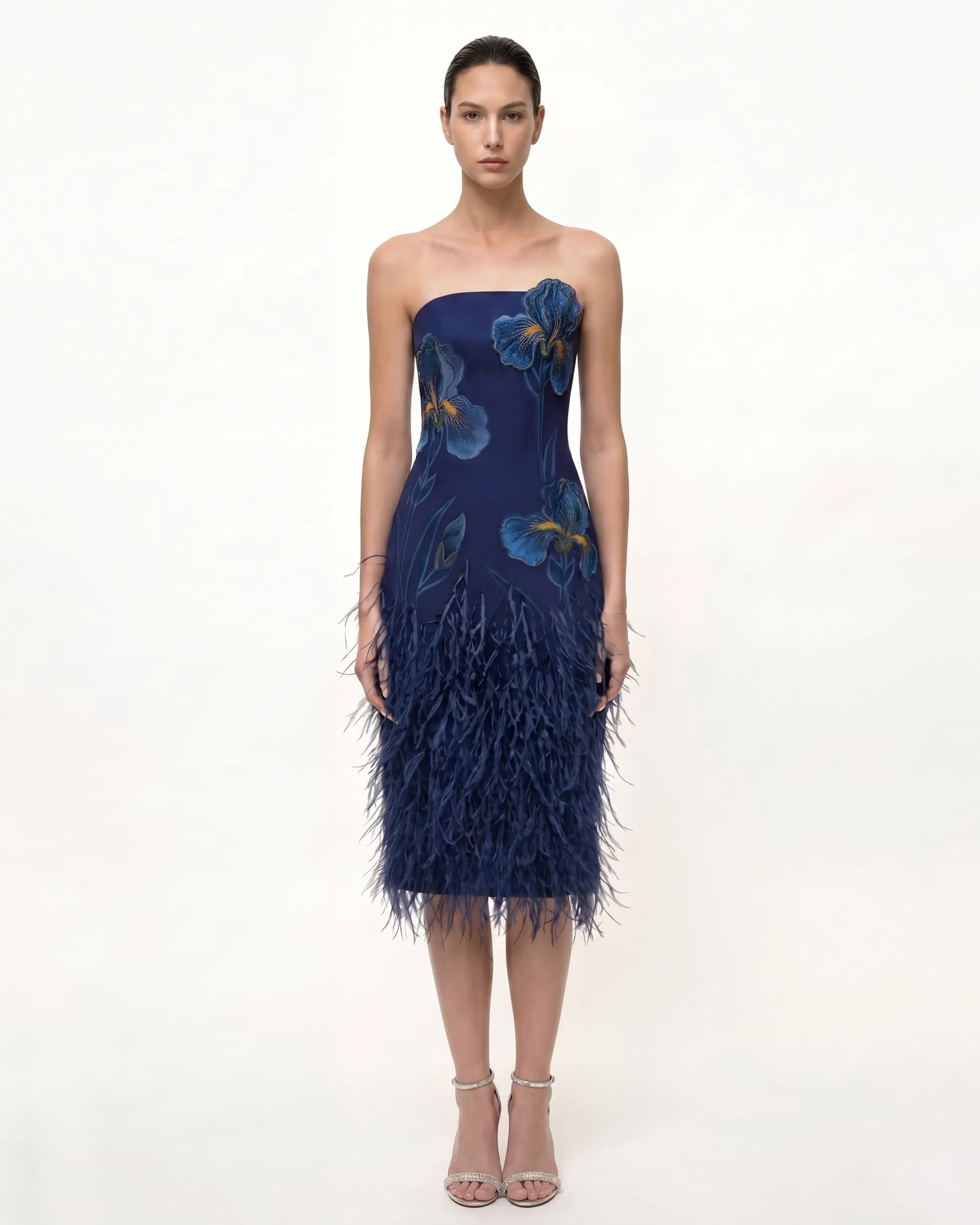 Iris Embroidered Feather Trim Strapless Midi Dress - Navy Blue sold by JW PEI