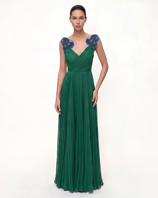 Iris Embroidered Pleated V-Neck Maxi Dress - Emerald Green made by JW PEI