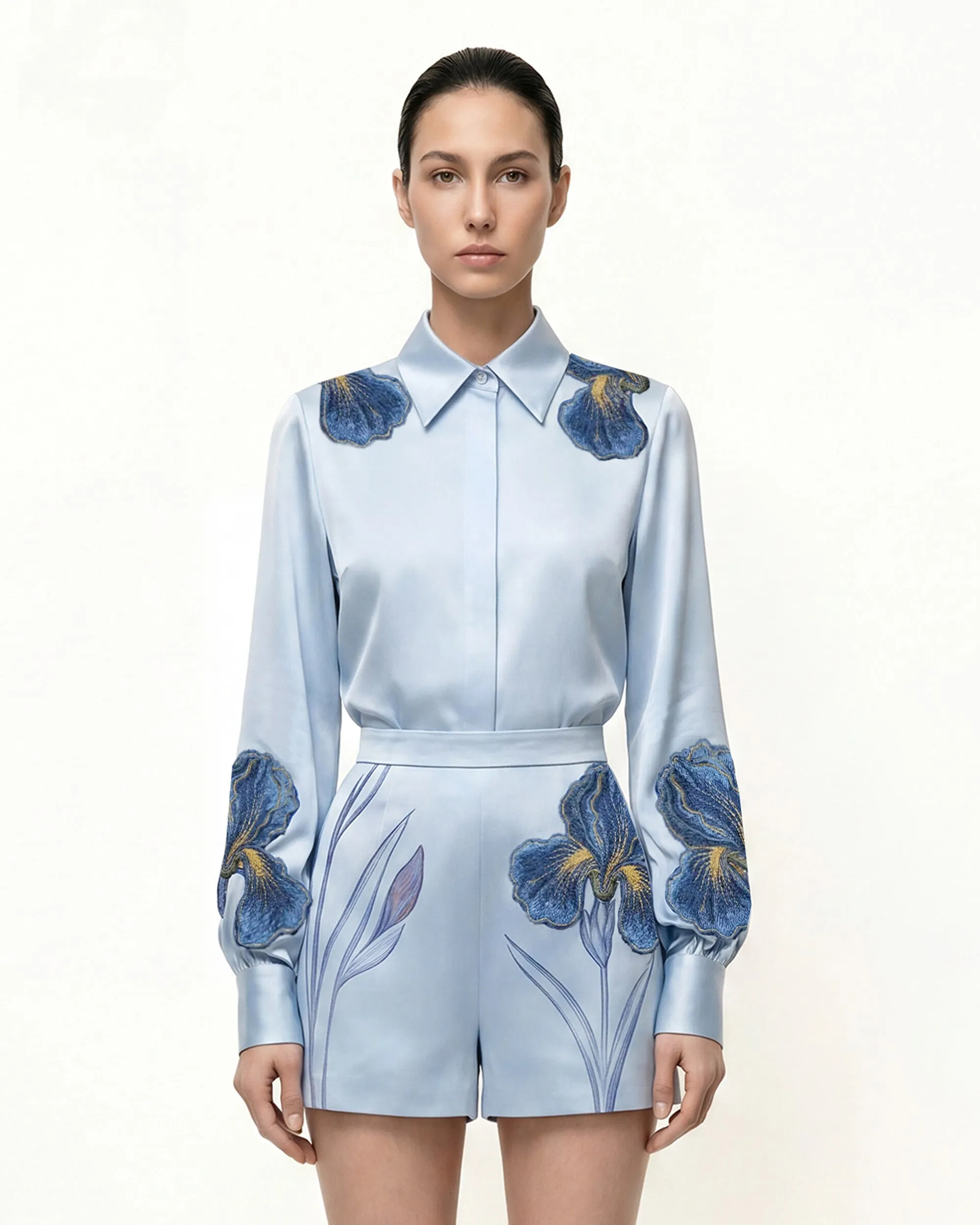 Iris Embroidered Collared Long Sleeve Shirt - Light Blue sold by JW PEI product image thumbnail 2