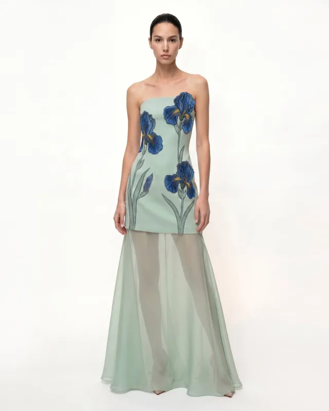 Iris Embroidered Strapless Sheer Overlay Maxi Dress - Sage Green made by JW PEI