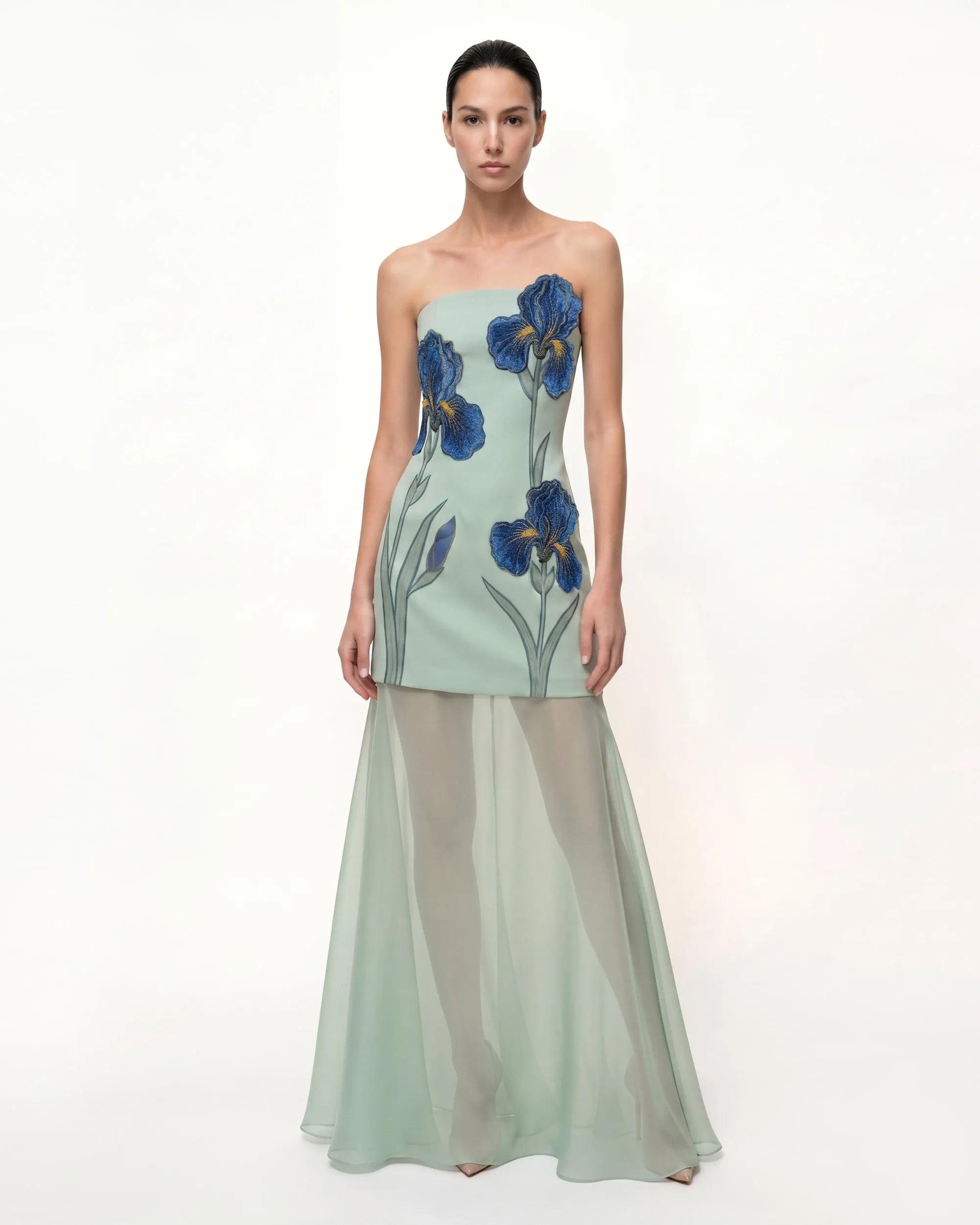 Iris Embroidered Strapless Sheer Overlay Maxi Dress - Sage Green sold by JW PEI