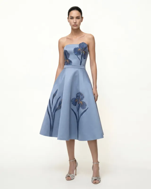 Iris Embroidered Strapless A-Line Midi Dress - Dusty Blue made by JW PEI