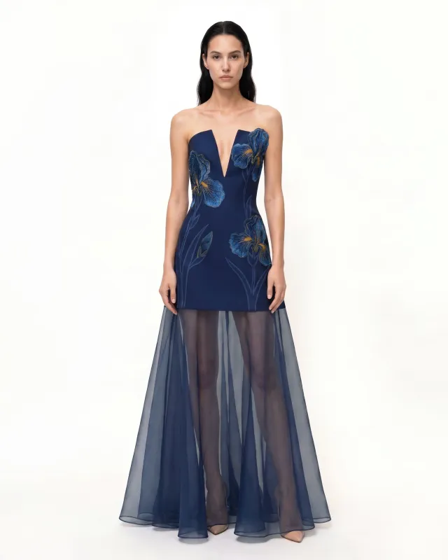 Iris Embroidered Plunge Sheer Overlay Maxi Dress - Navy Blue made by JW PEI