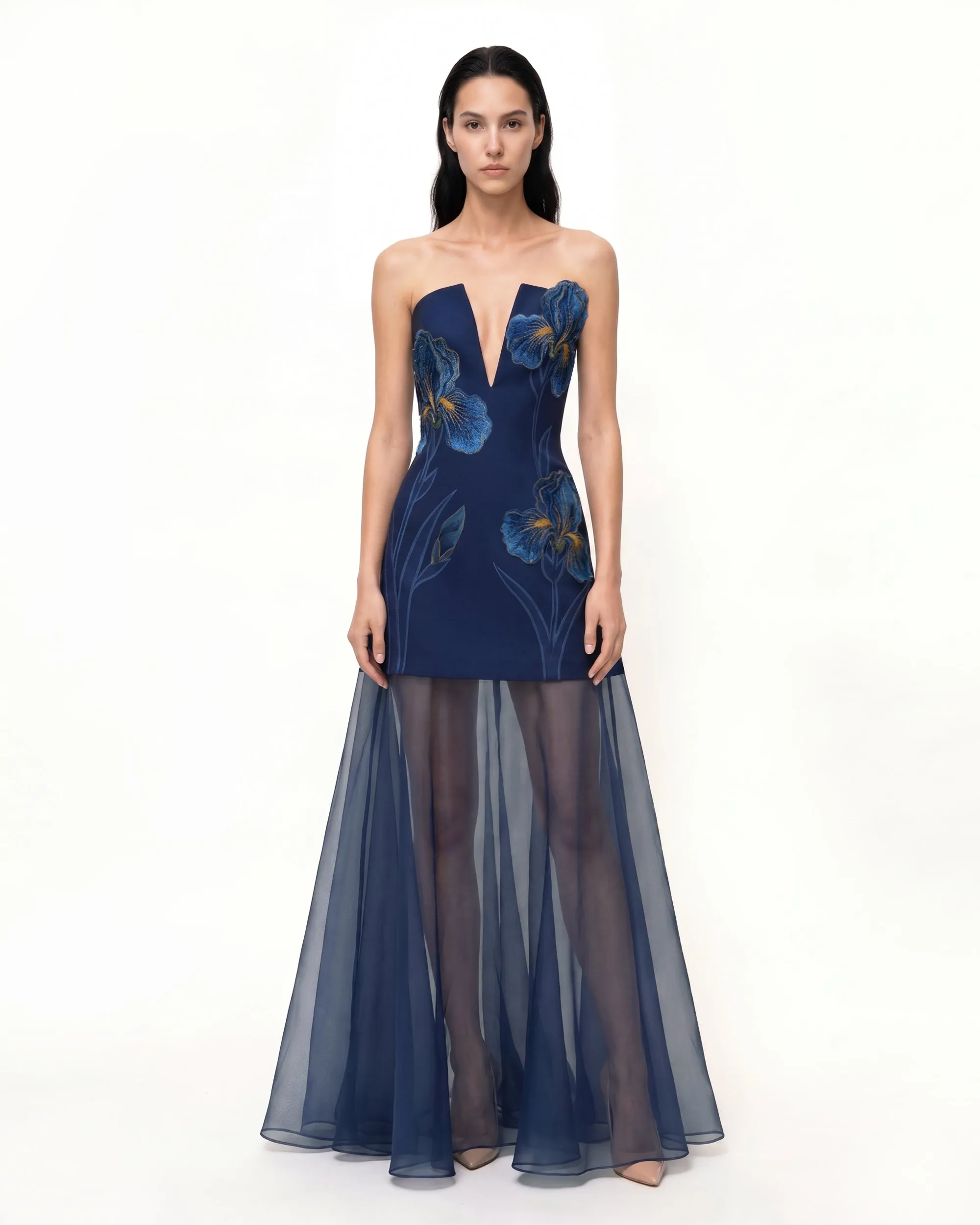 Iris Embroidered Plunge Sheer Overlay Maxi Dress - Navy Blue sold by JW PEI