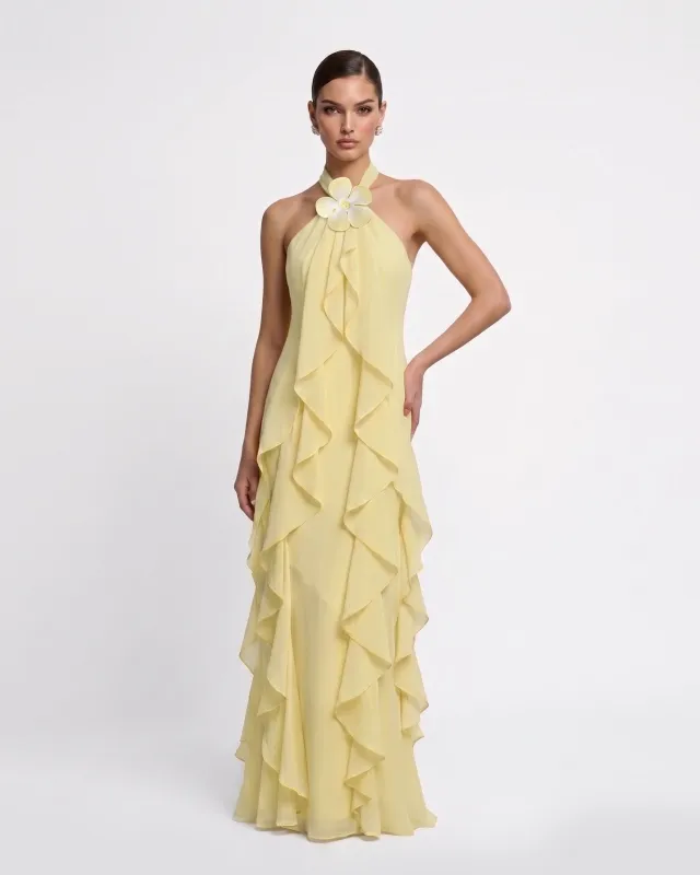 Floral Appliqué Ruffle Halter Chiffon Maxi Dress - Yellow made by JW PEI
