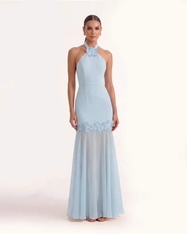 Floral Embroidered Halter Chiffon Maxi Dress - Blue made by JW PEI