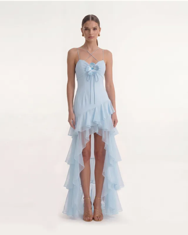 Floral Appliqué High-Low Ruffle Chiffon Dress - Blue made by JW PEI