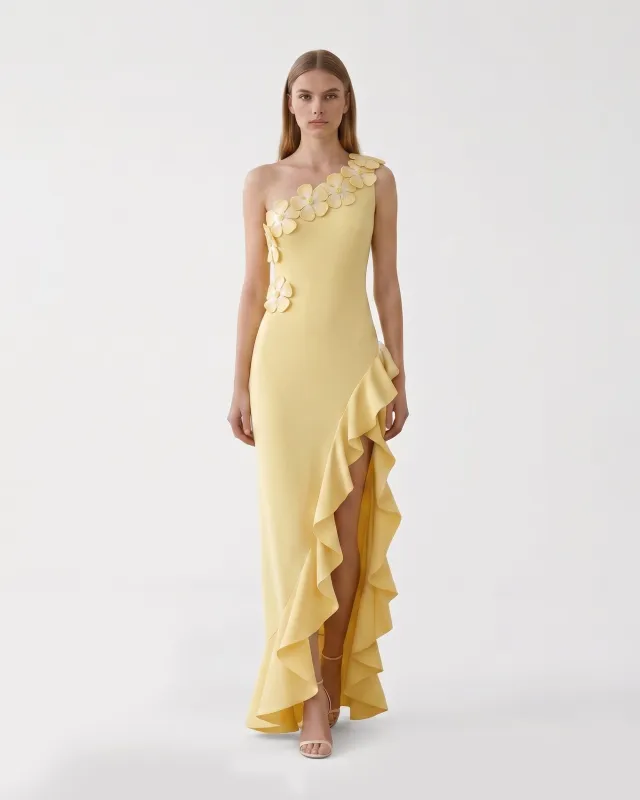 Floral Appliqué One Shoulder Ruffle Slit Dress - Yellow made by JW PEI