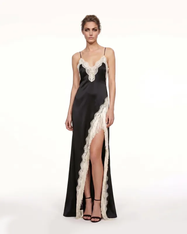 Lace Trim Fringe Slit Satin Maxi Dress - Black made by JW PEI