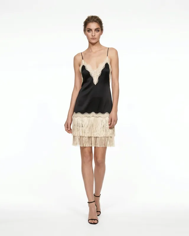 Fringe Hem Lace Trim Satin Mini Dress - Black made by JW PEI