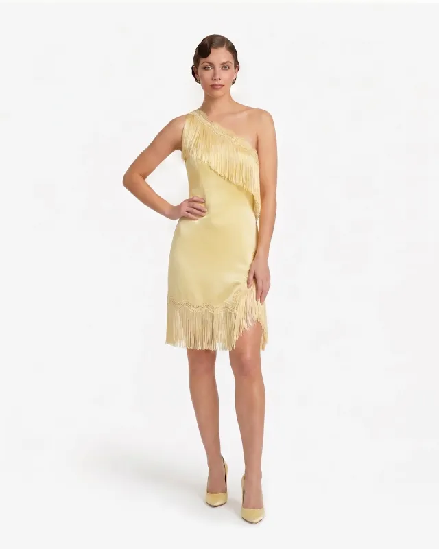 Fringe Trim One Shoulder Satin Mini Dress - Yellow made by JW PEI