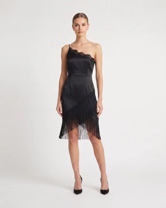 One Shoulder Lace Fringe Satin Midi Dress - Black made by JW PEI