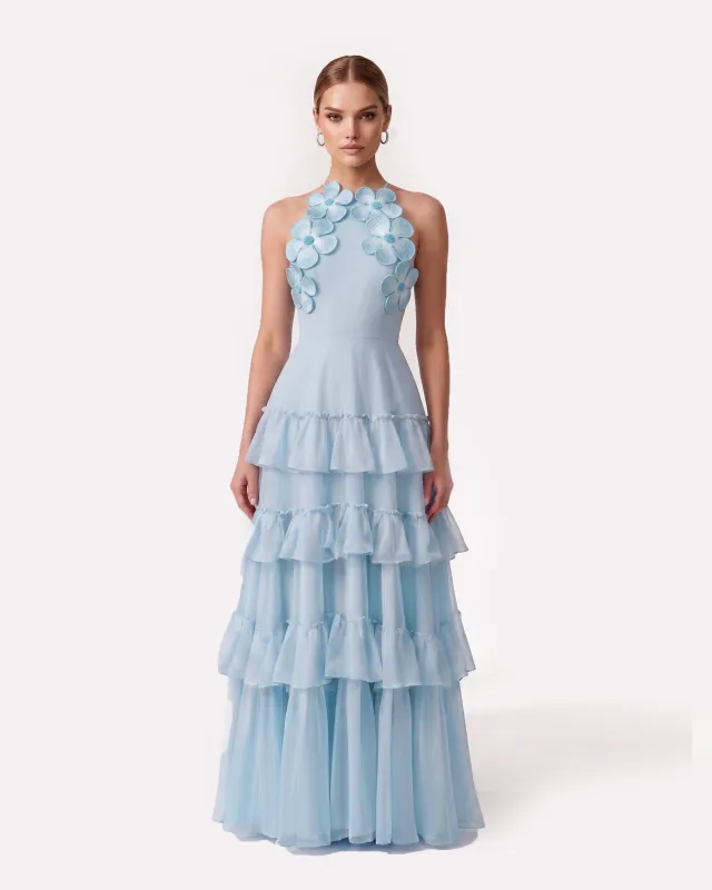 3D Floral Tiered Ruffle Chiffon Maxi Dress - Blue made by JW PEI