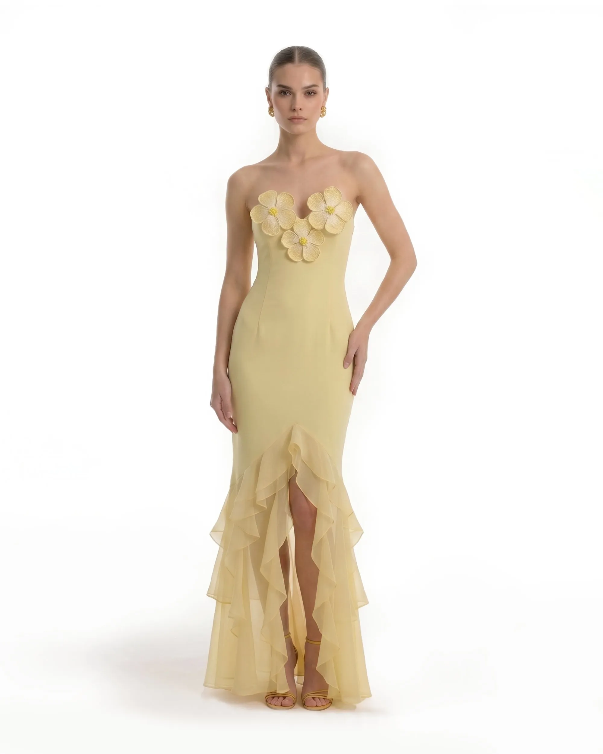 Strapless Floral Appliqué Ruffle Slit Chiffon Dress - Yellow sold by JW PEI
