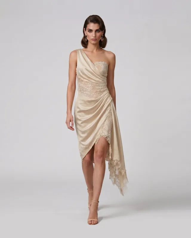 Draped Satin Lace One Shoulder Midi Dress - Champagne made by JW PEI