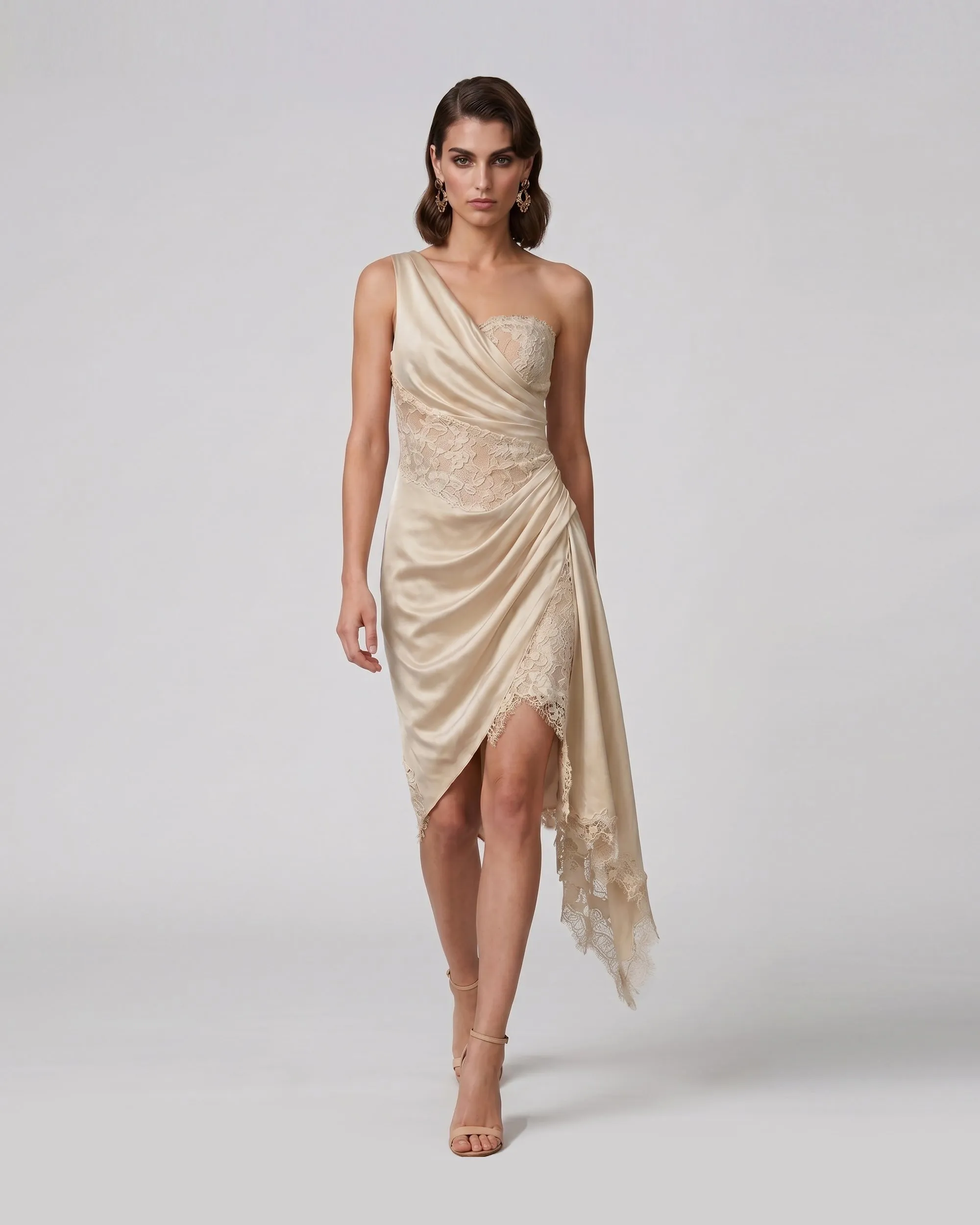 Draped Satin Lace One Shoulder Midi Dress - Champagne sold by JW PEI