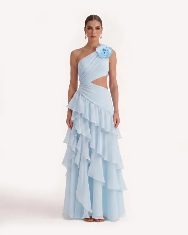 One Shoulder Cutout Ruffle Chiffon Maxi Dress - Blue made by JW PEI
