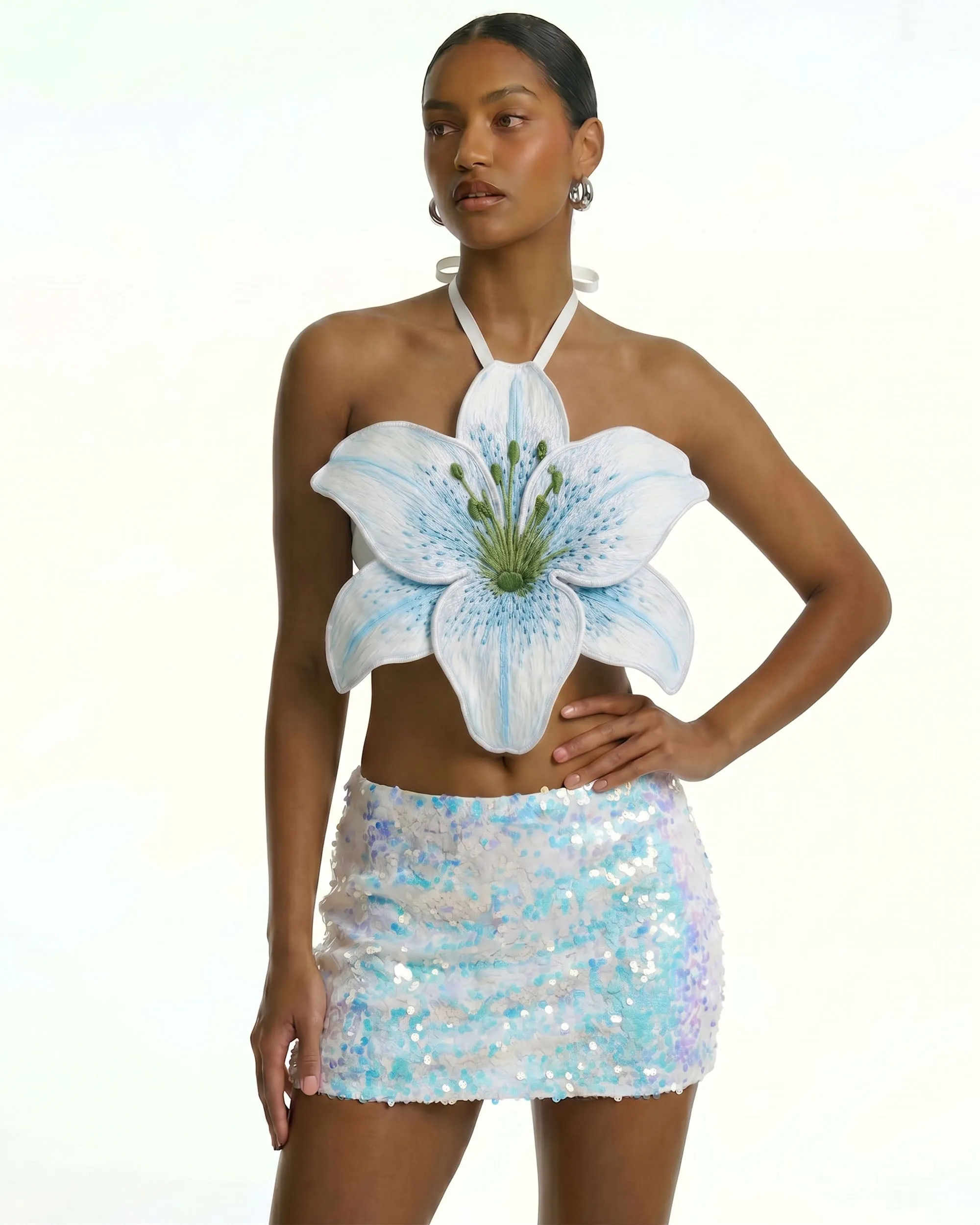 3D Lily Halter Crop Top - White Blue sold by JW PEI
