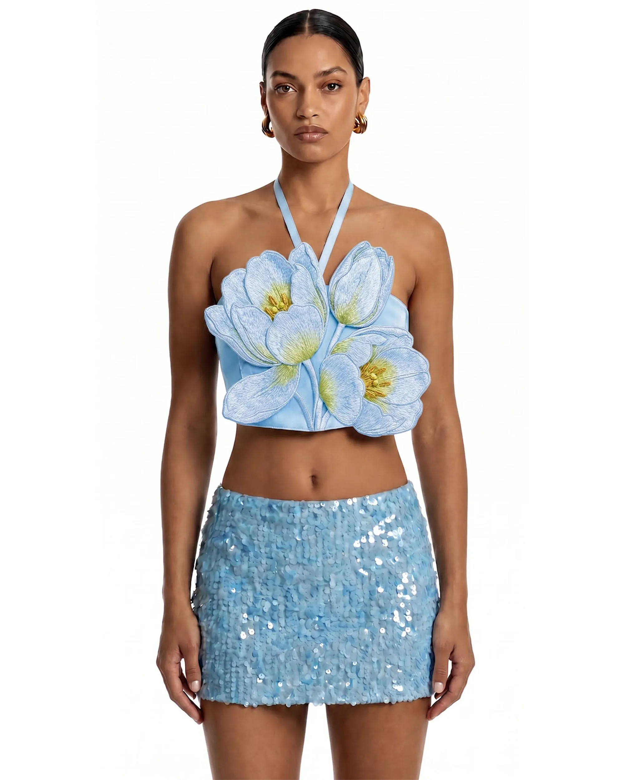 3D Floral Appliqué Halter Crop Top - Blue sold by JW PEI