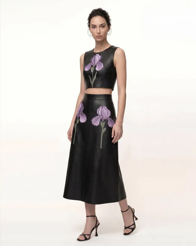 Iris Floral-Print Cropped Leather Top - Black made by JW PEI
