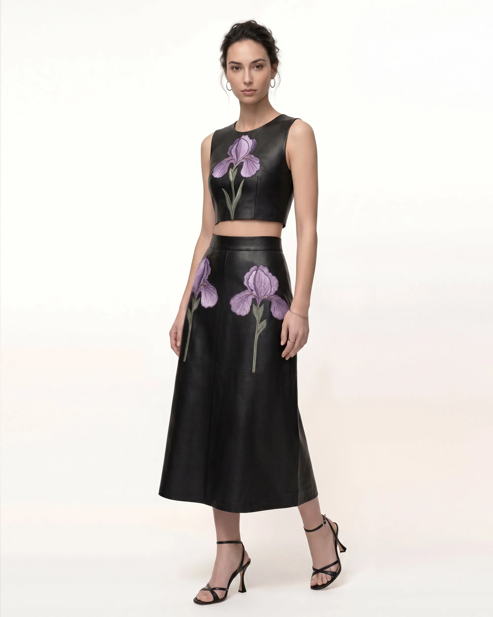 Iris Floral-Print Cropped Leather Top - Black sold by JW PEI