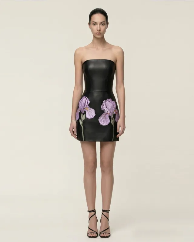 Strapless Iris Floral-Print Leather Fitted Dress - Black made by JW PEI