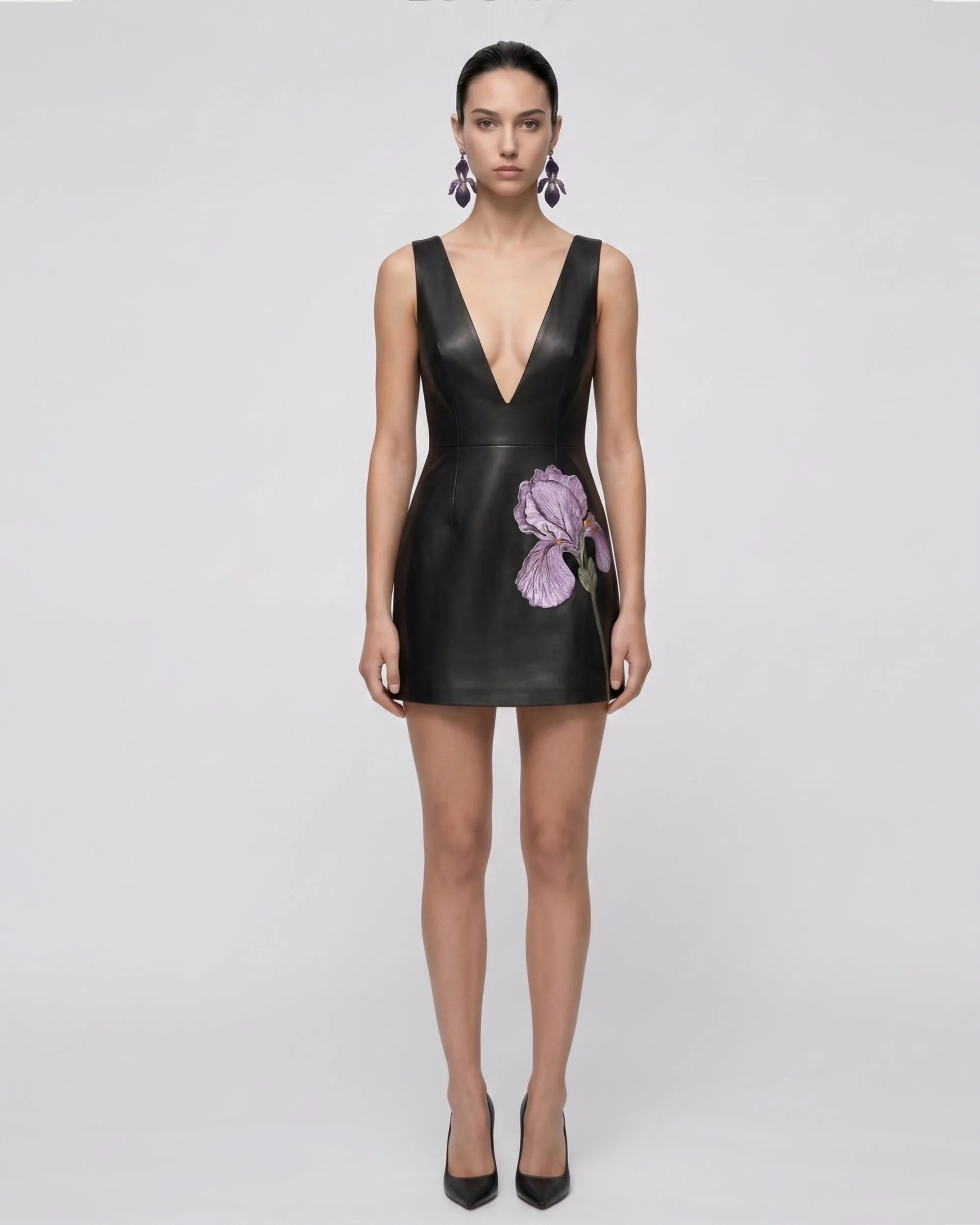 Iris Floral-Print Plunge-Neck Leather Mini Dress - Black sold by JW PEI
